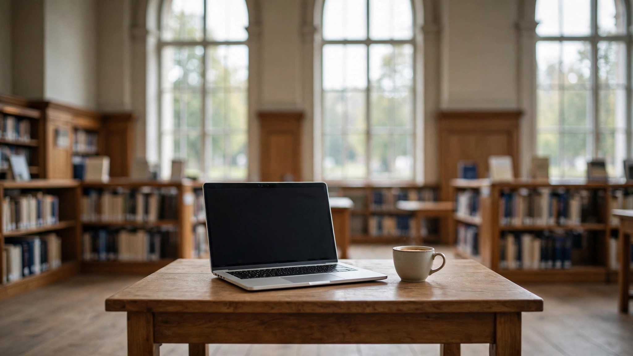 Quiet public library reading room with a laptop and coffee on a wooden desk