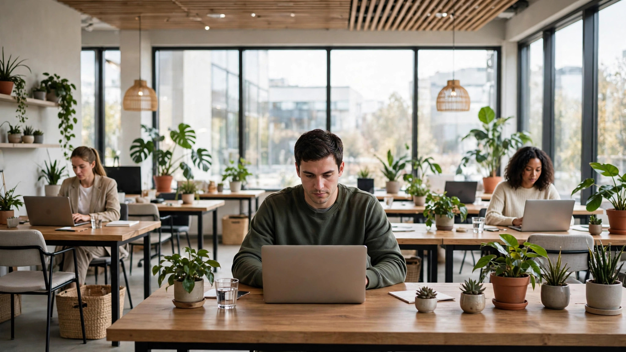 Modern coworking space with rows of desks, plants and large windows