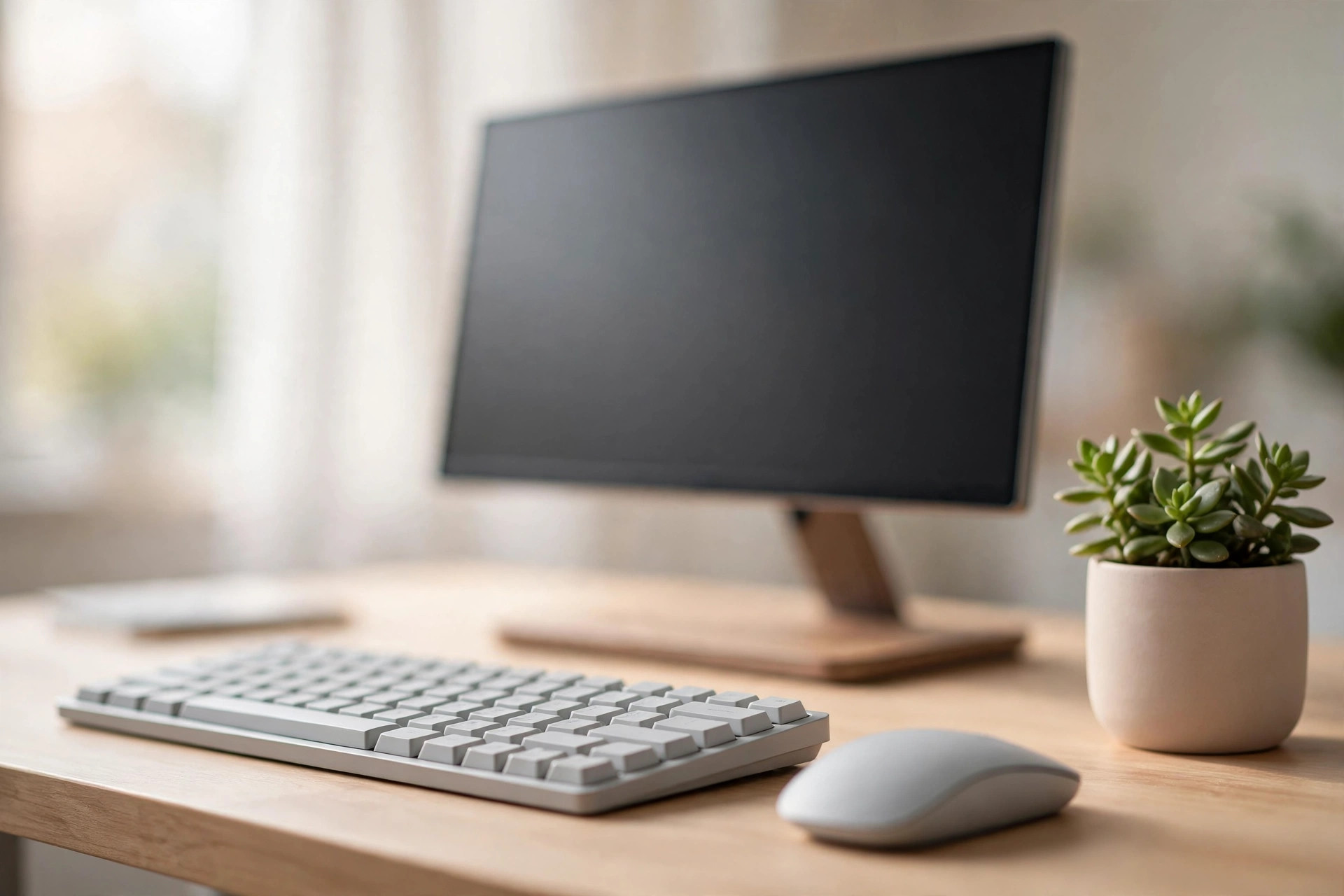 Close-up of a tidy ergonomic desk with keyboard, monitor and a small plant