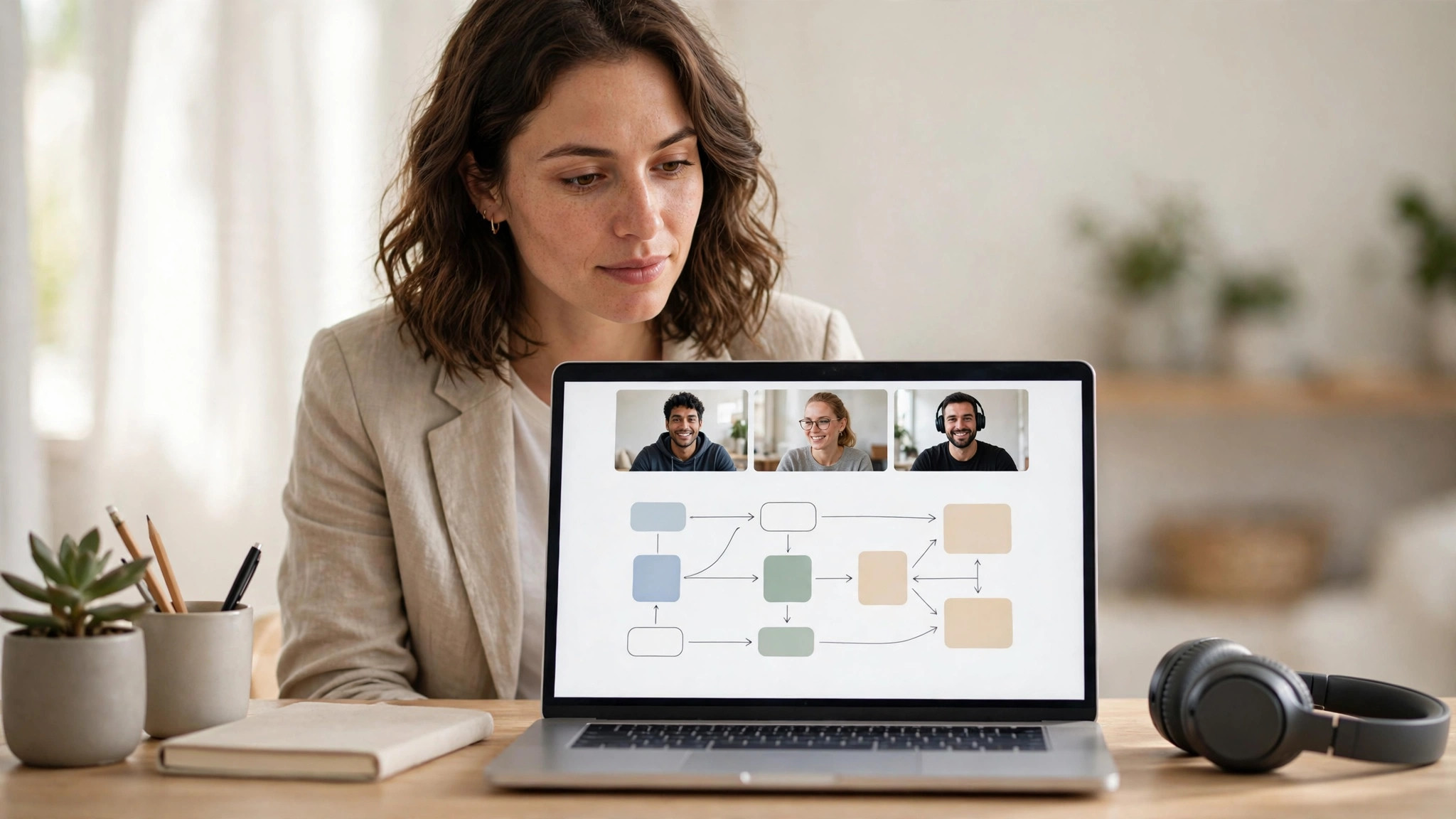 Remote design team collaborating on a digital whiteboard during a video call