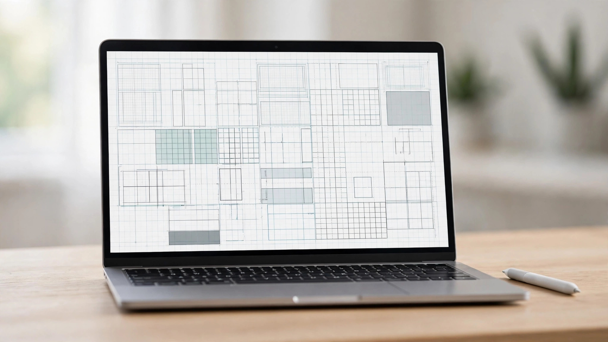 Laptop displaying a design tool interface with layout grids and a stylus beside it
