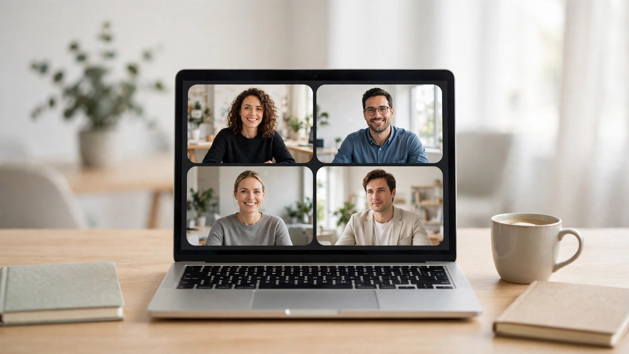 Product team video call on a laptop screen with notebooks and coffee on the desk
