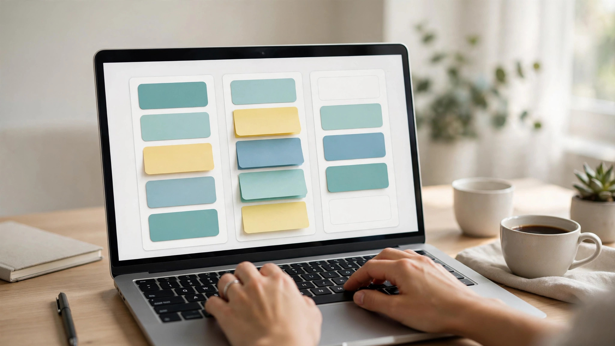 Laptop screen showing a kanban project board with task cards