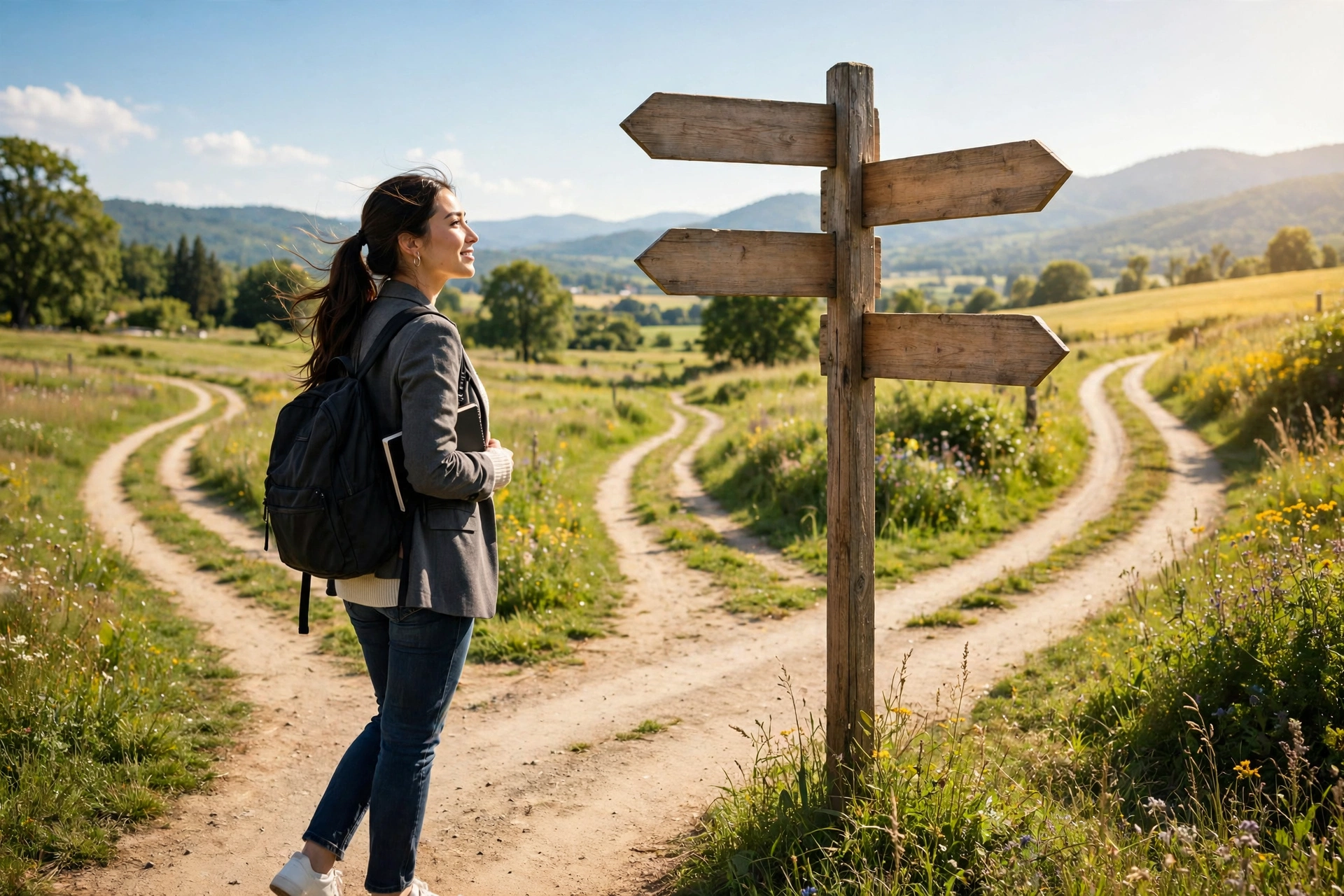 Career change concept illustration — a professional at a crossroads