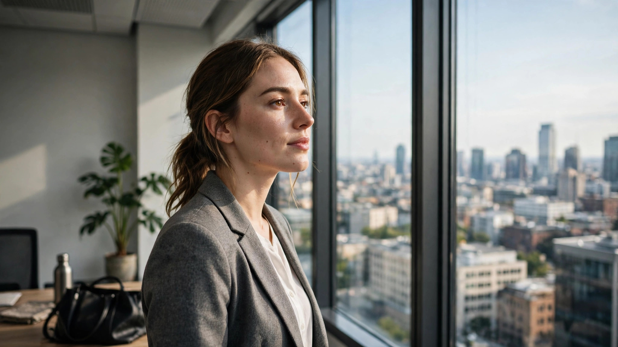 Professional woman standing calmly by an office window composing herself before an interview