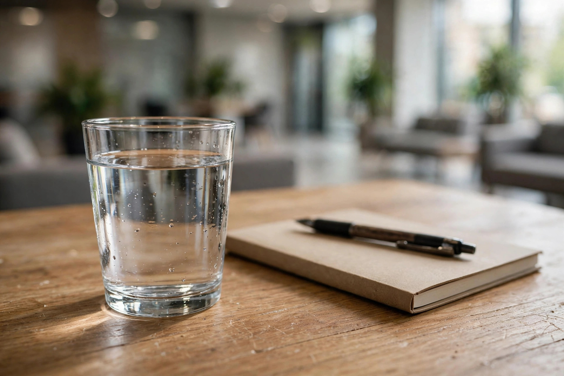 Glass of water, closed notebook and pen arranged on an office reception table