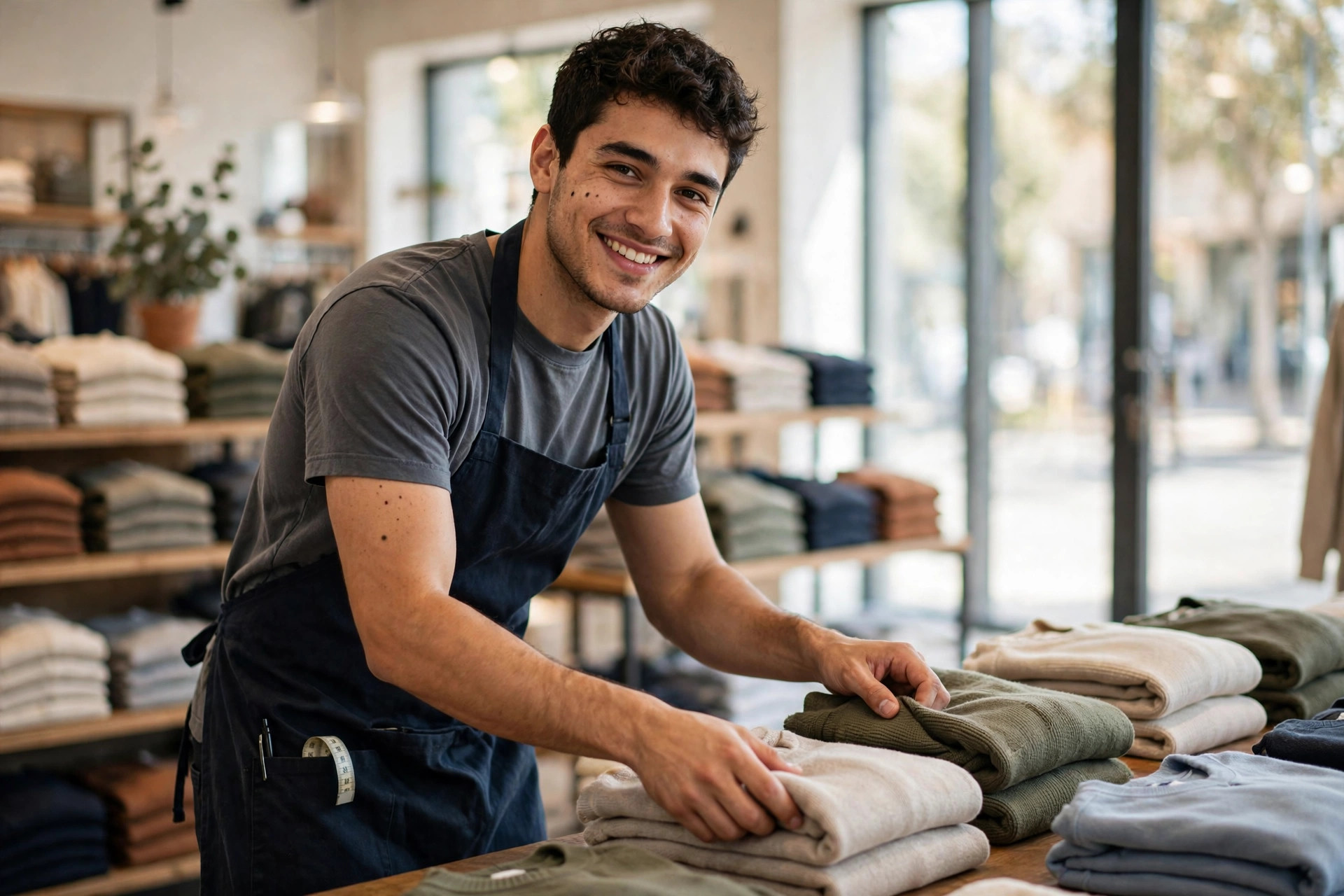 Friendly retail employee arranging folded clothes on a display table in a bright store