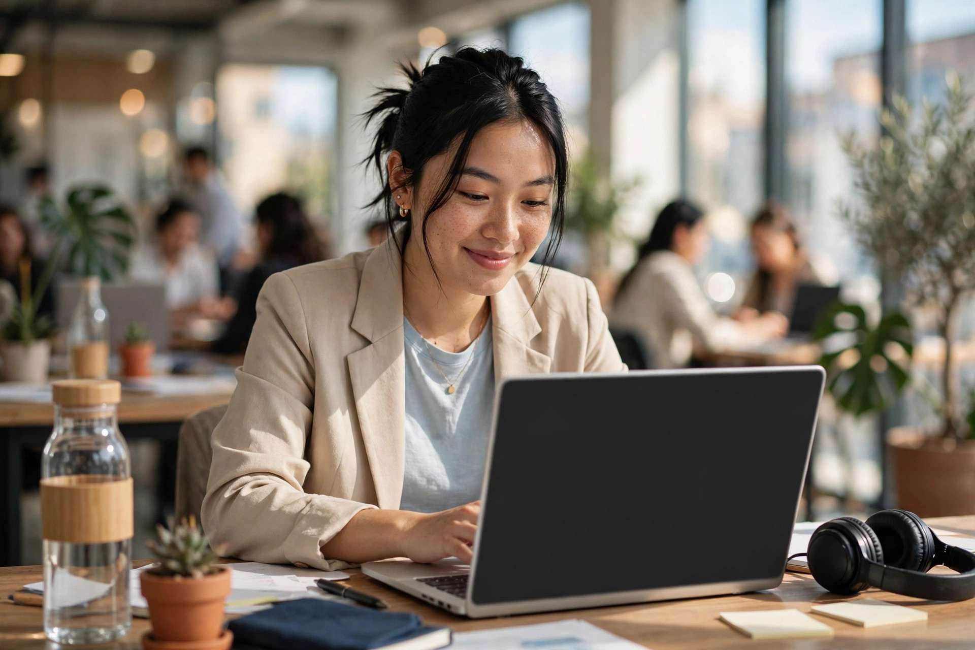 Young intern smiling while working on a laptop at a desk in a bright open-plan office