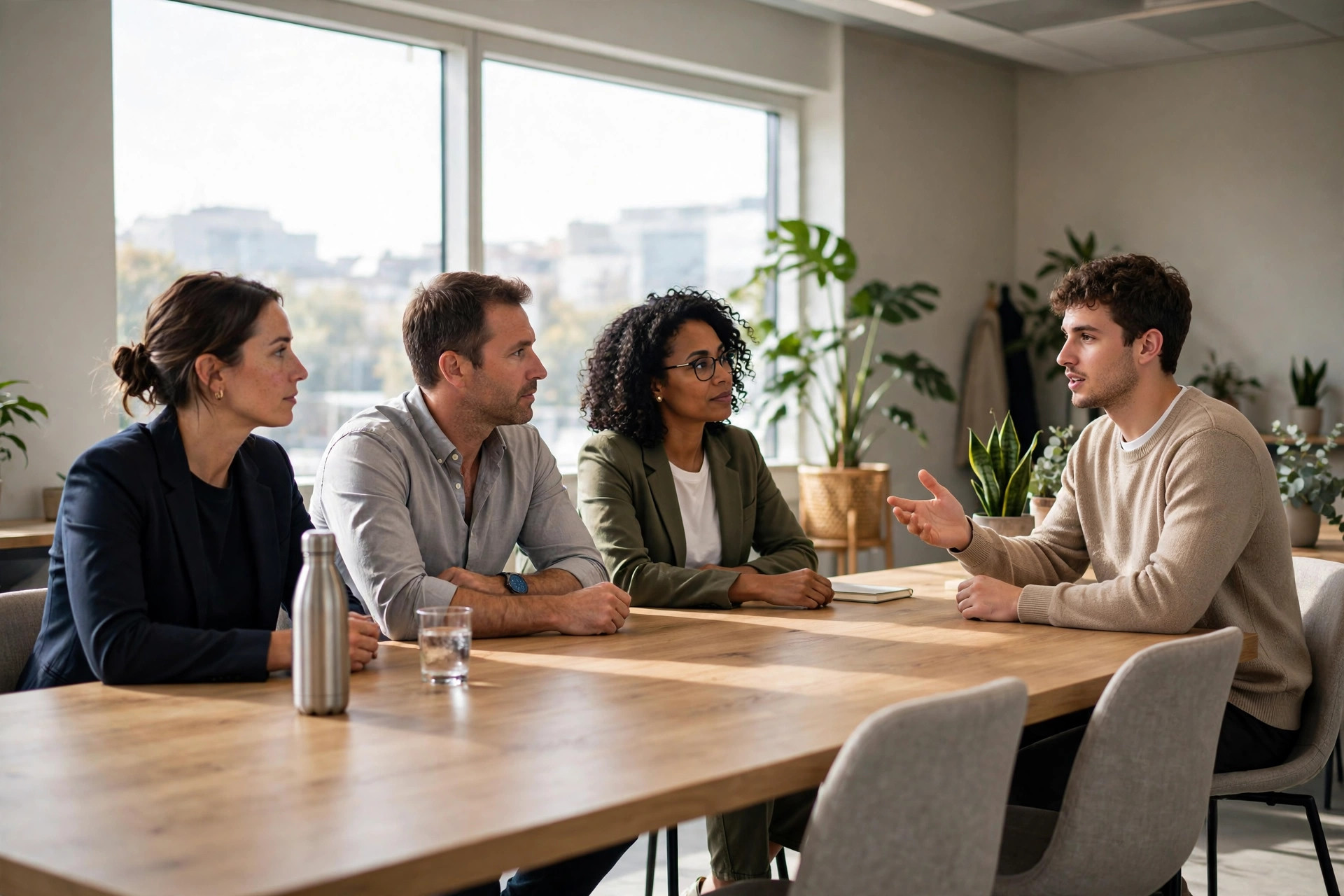 Panel interview in a modern meeting room with three interviewers and one young candidate