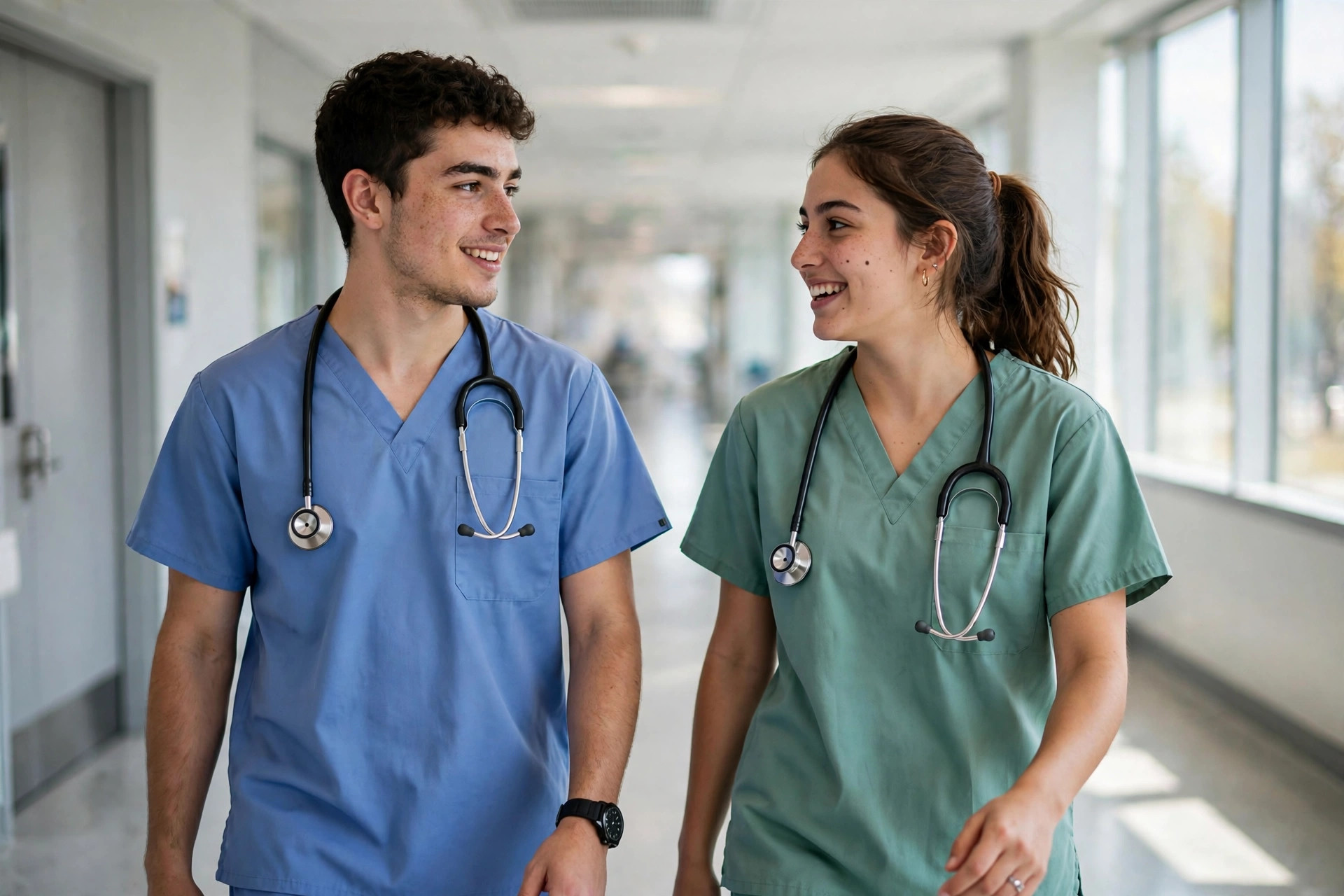 Two medical students in scrubs talking together in a bright hospital corridor