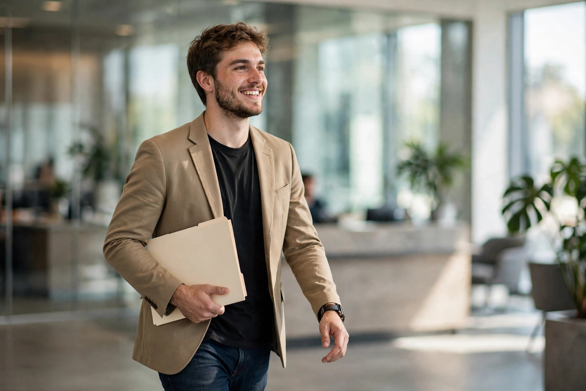 Young graduate walking through a bright modern office lobby on the first day