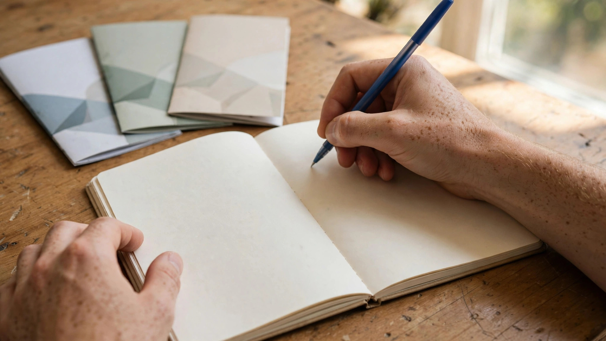 Young man writing career goals in a notebook at his desk