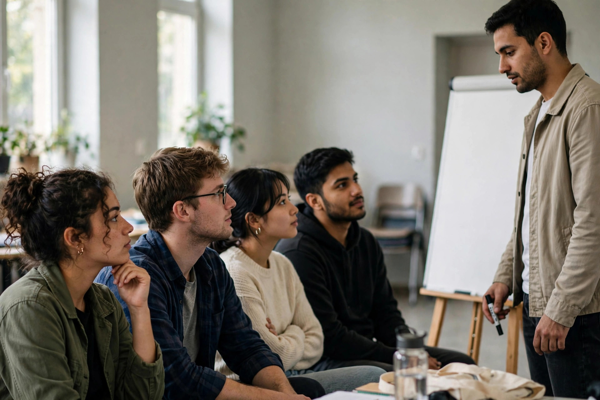 Group of young adults at a career advice workshop listening to an adviser