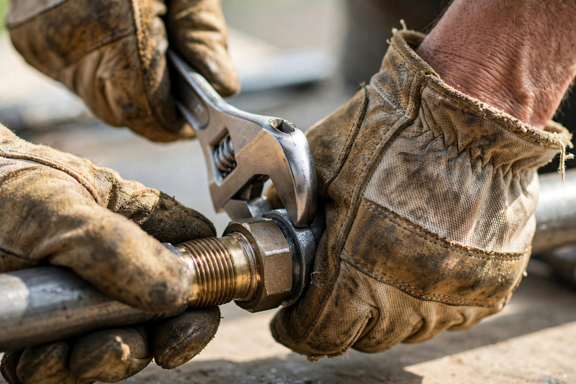 Hands in work gloves tightening a metal pipe fitting with a wrench