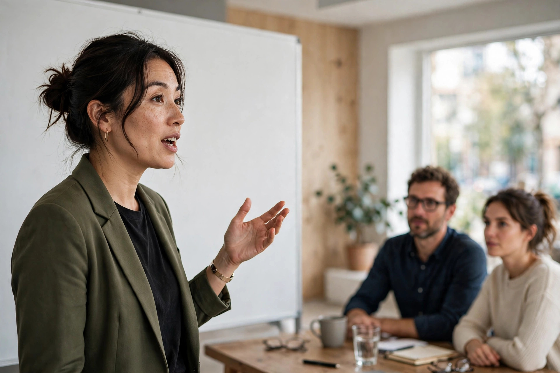 Professional woman speaking confidently beside a blank whiteboard in a meeting room