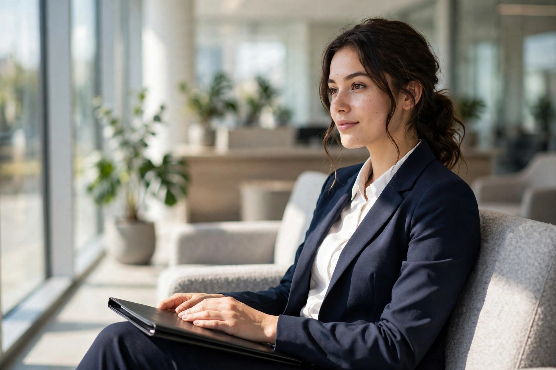 Professional woman waiting composed in a modern office waiting room