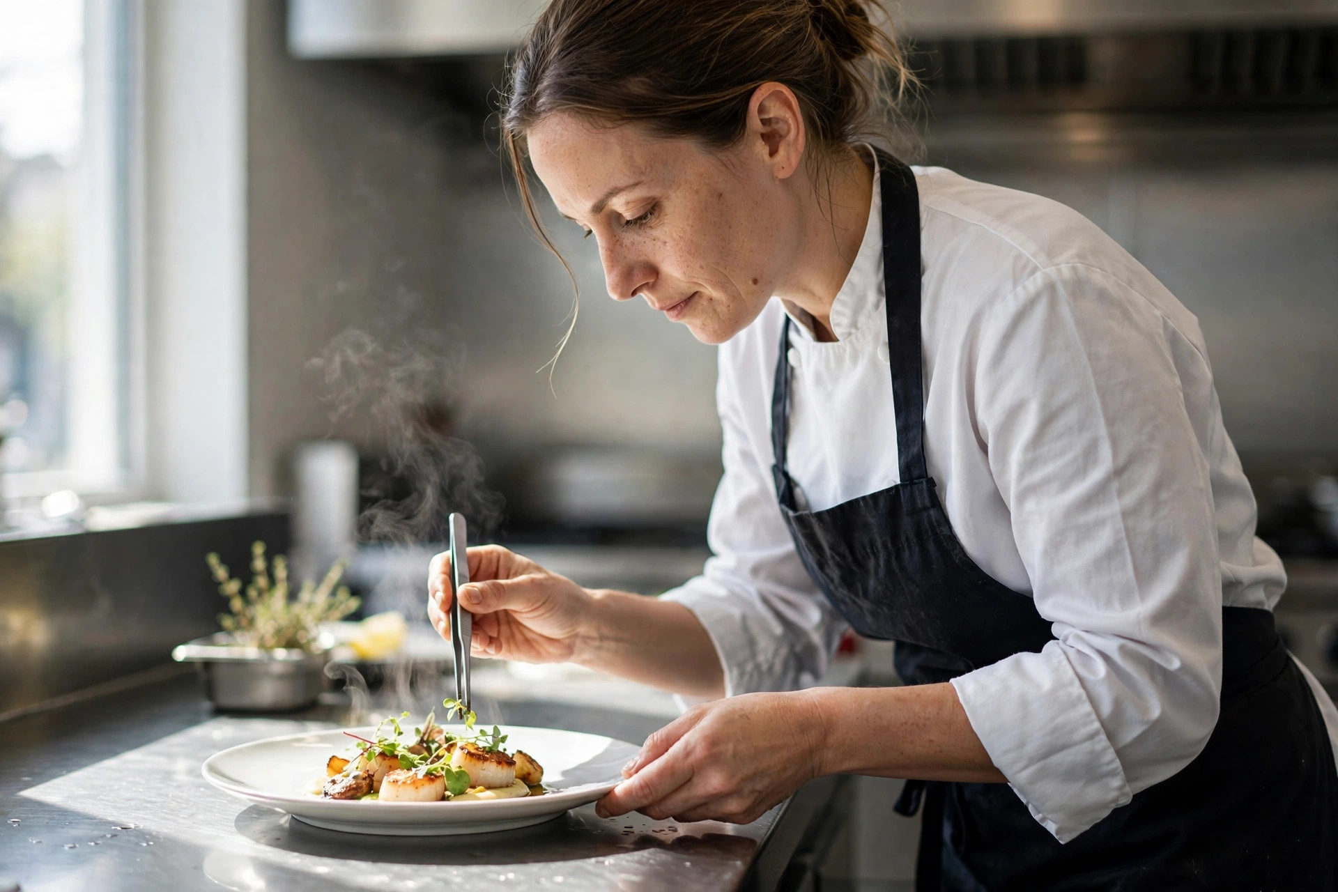 Professional chef plating a dish in a bright commercial kitchen