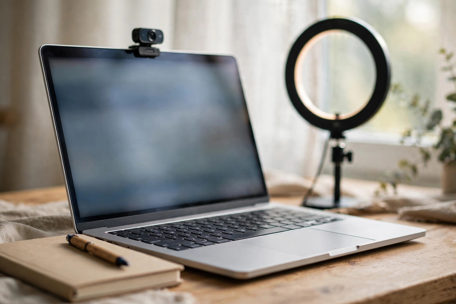 Tidy home video-interview desk setup with laptop, webcam and ring light