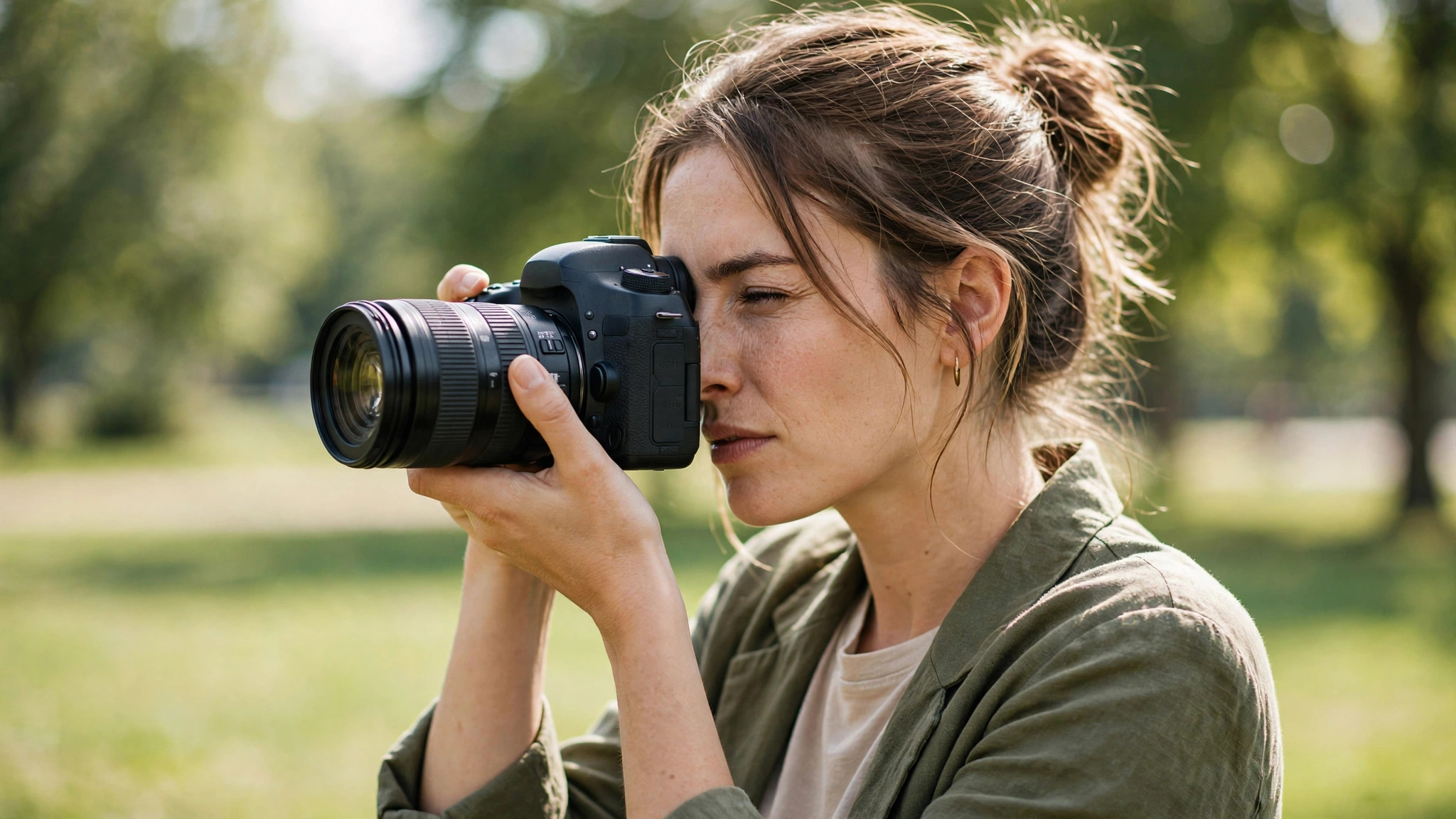 Freelance photographer taking a photo outdoors in a bright park