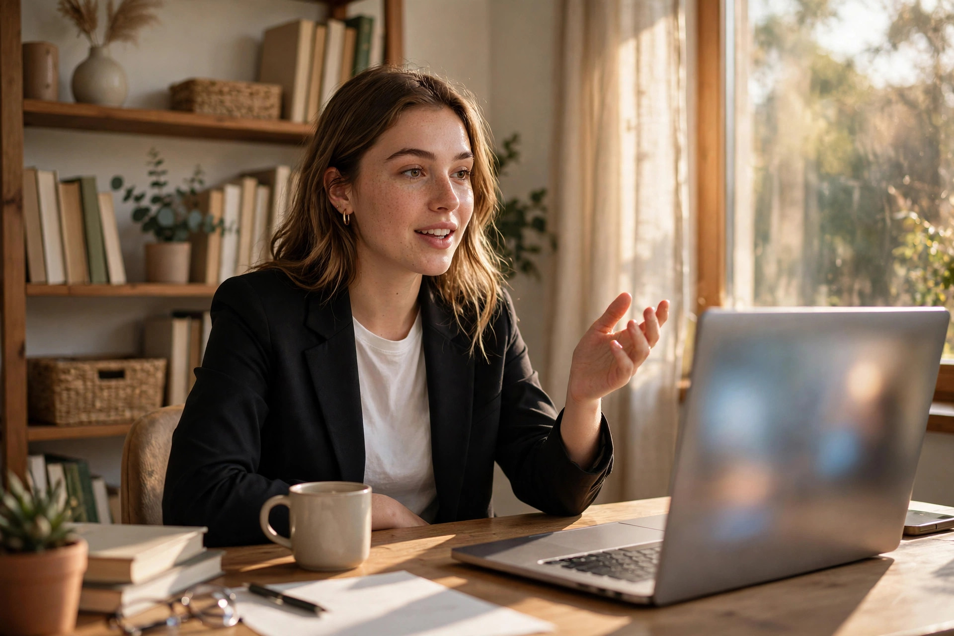 Woman in a blazer gesturing naturally on a video call from her home office