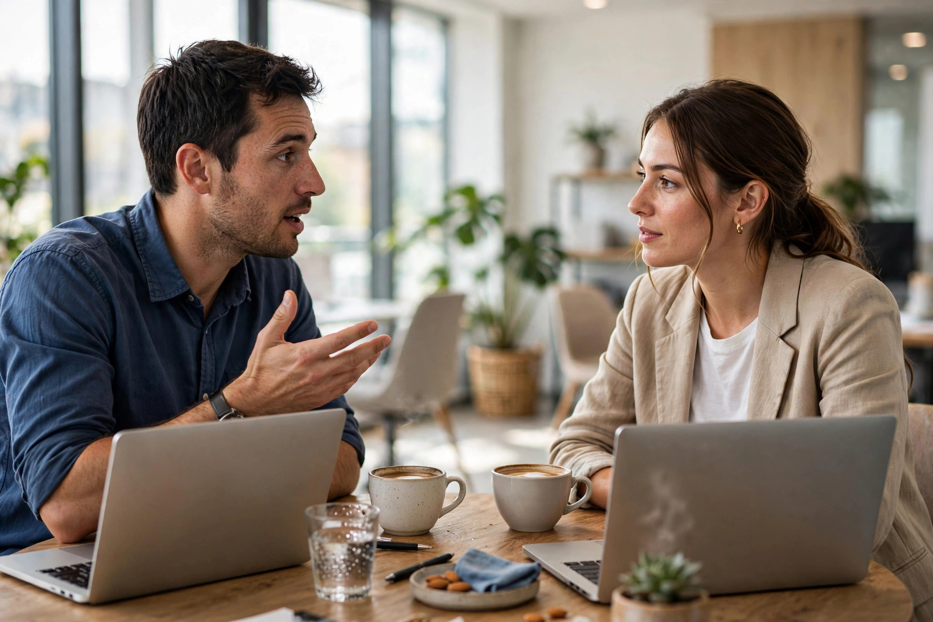 Two colleagues in a focused one-to-one discussion at a small office table
