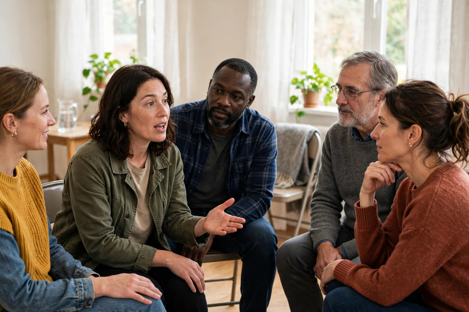 Supportive circle of adults at a job-seekers support group in a bright room