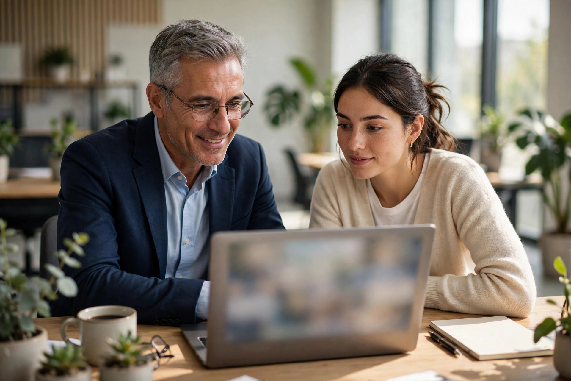 Senior manager mentoring a younger employee at a desk in a bright office