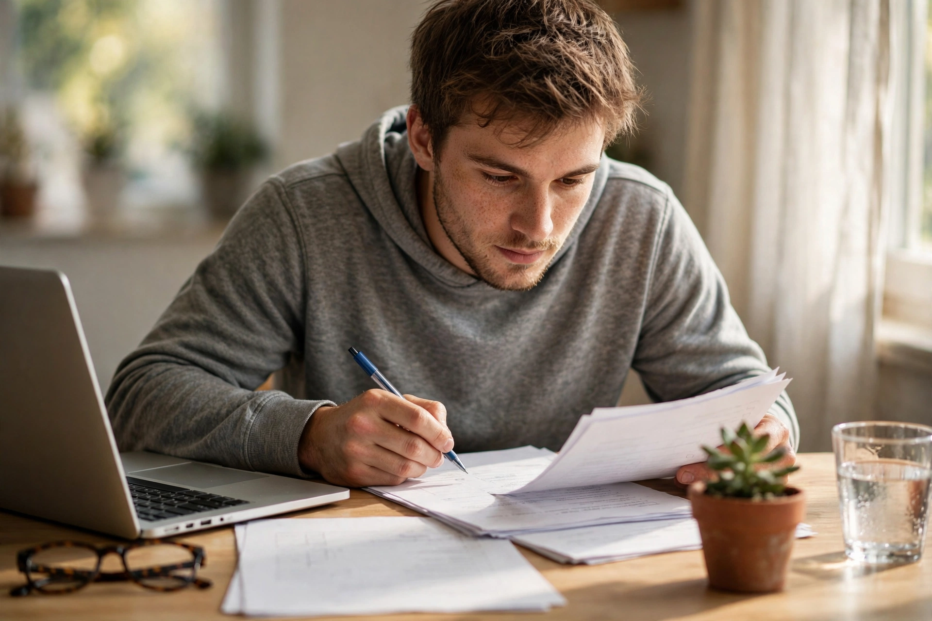 Job seeker looking determined while reviewing application documents at a home desk