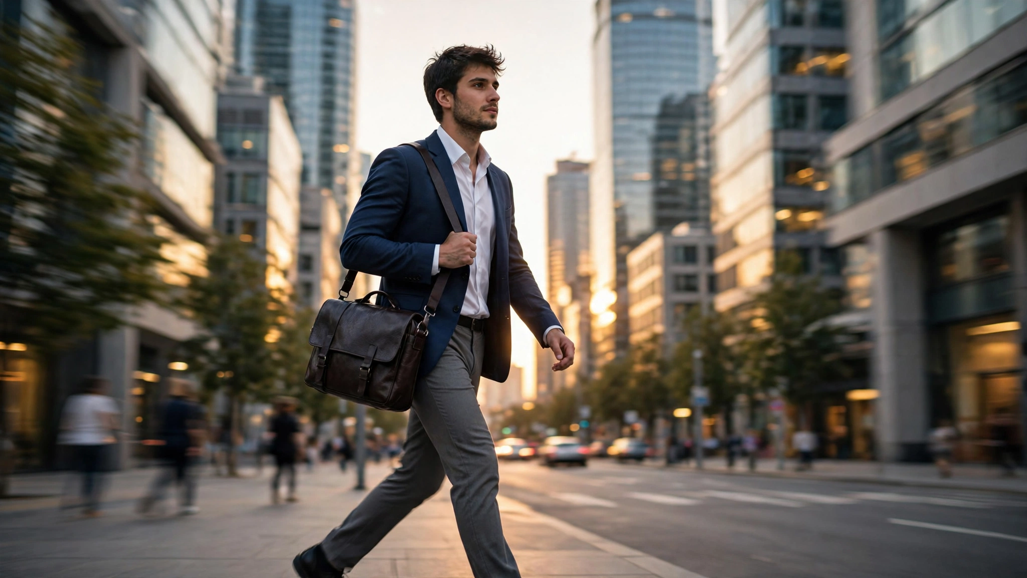 A young man in business attire walking confidently through a modern city business district at golden hour with a laptop bag