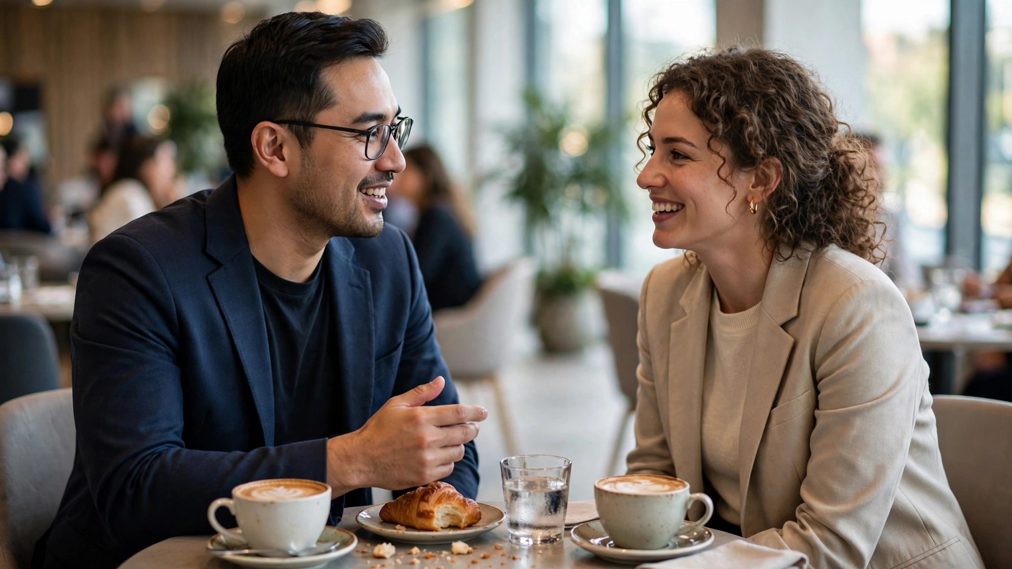 Two professionals chatting warmly over coffee at a business networking event in a bright conference hall