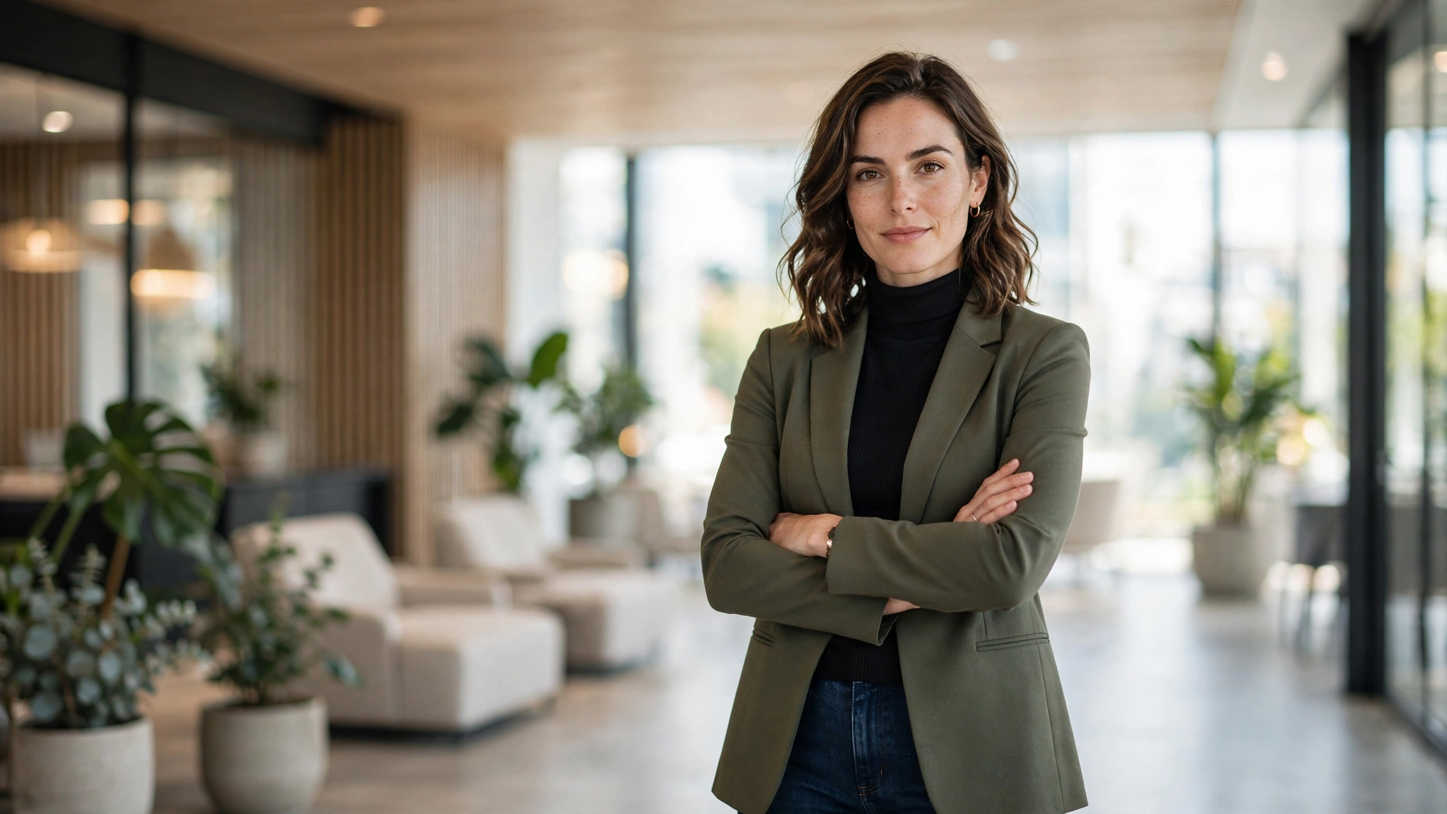A confident professional woman in smart casual attire standing with arms crossed in a bright modern office lobby