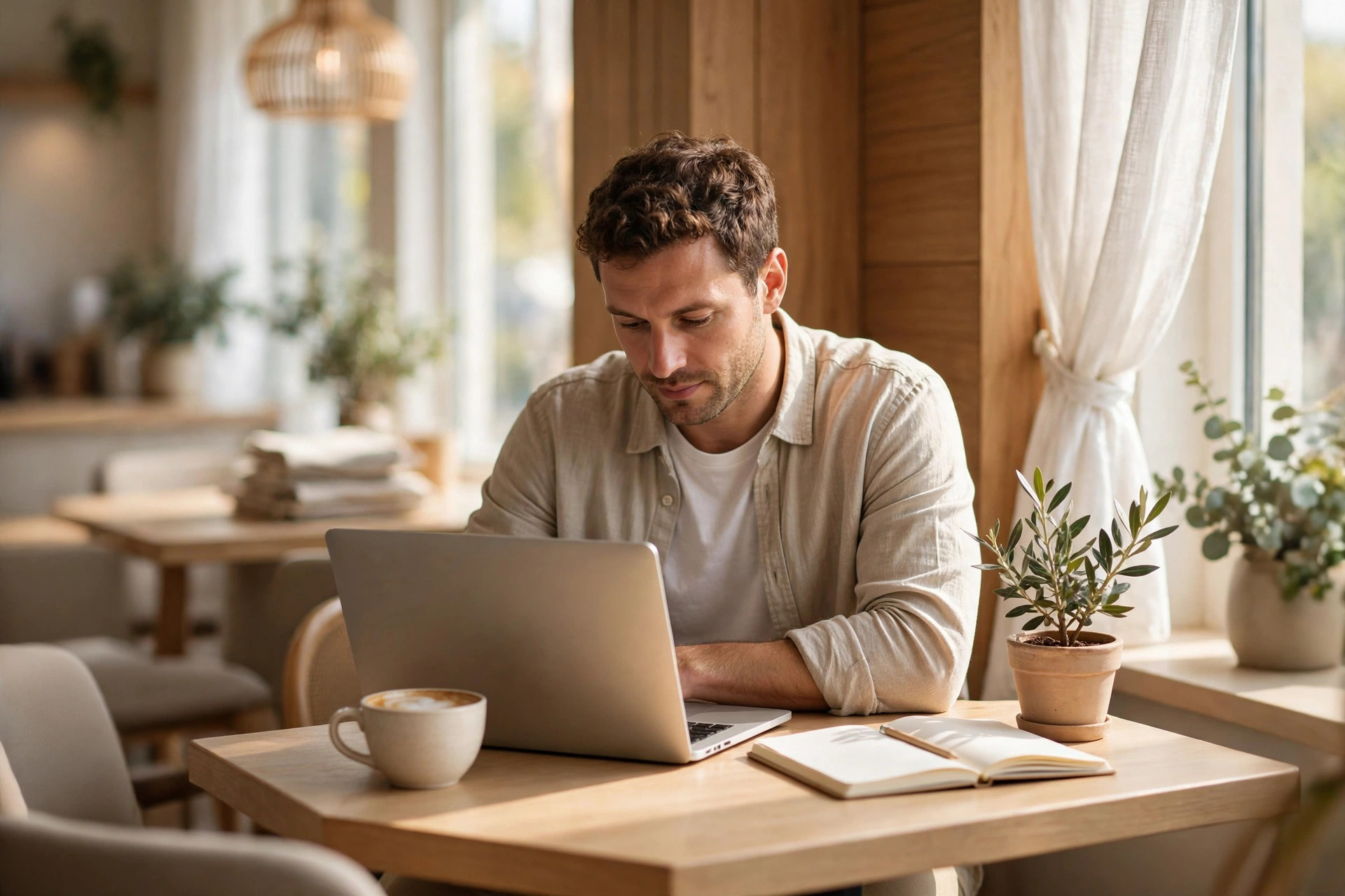 Person working on a laptop at a corner table in a bright, welcoming coffee shop