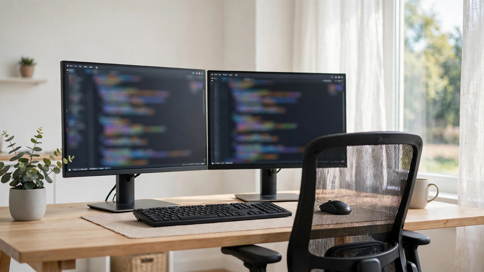 Bright home office with dual monitors showing code, an ergonomic software engineer workspace