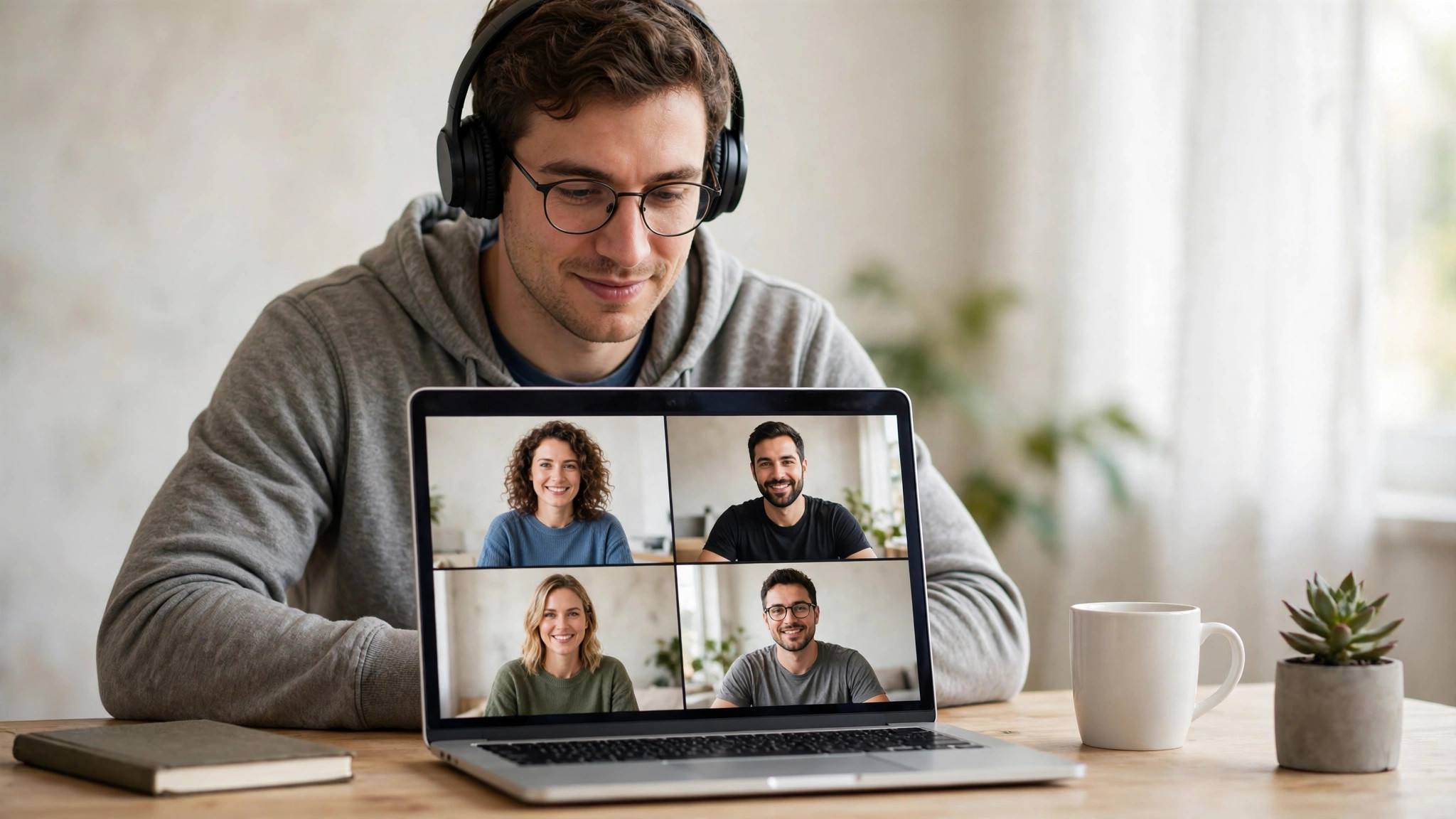 Developer on a video call with teammates from a home desk setup