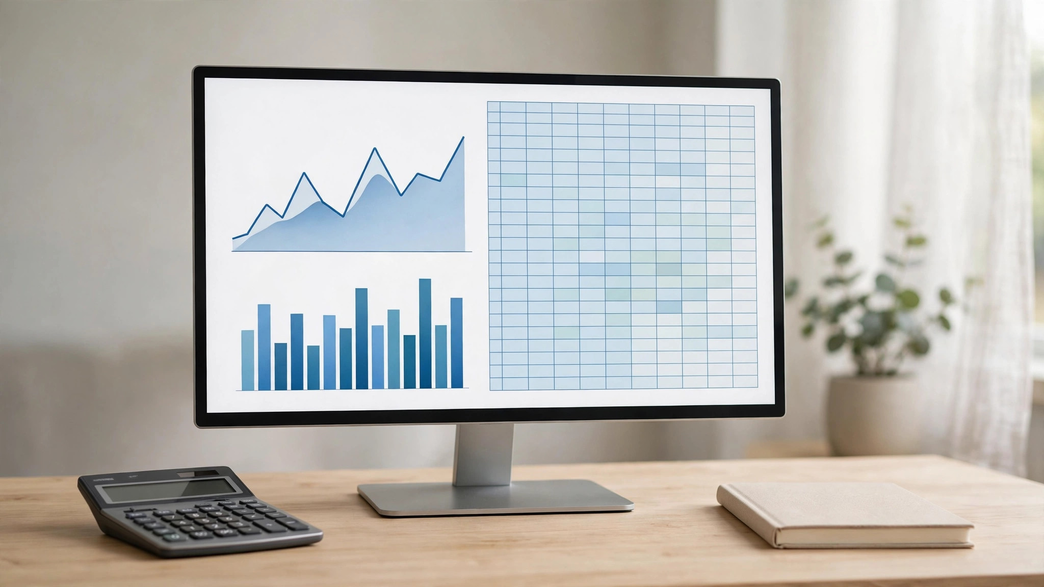 Home office desk with a monitor showing financial charts, calculator and notebook beside it