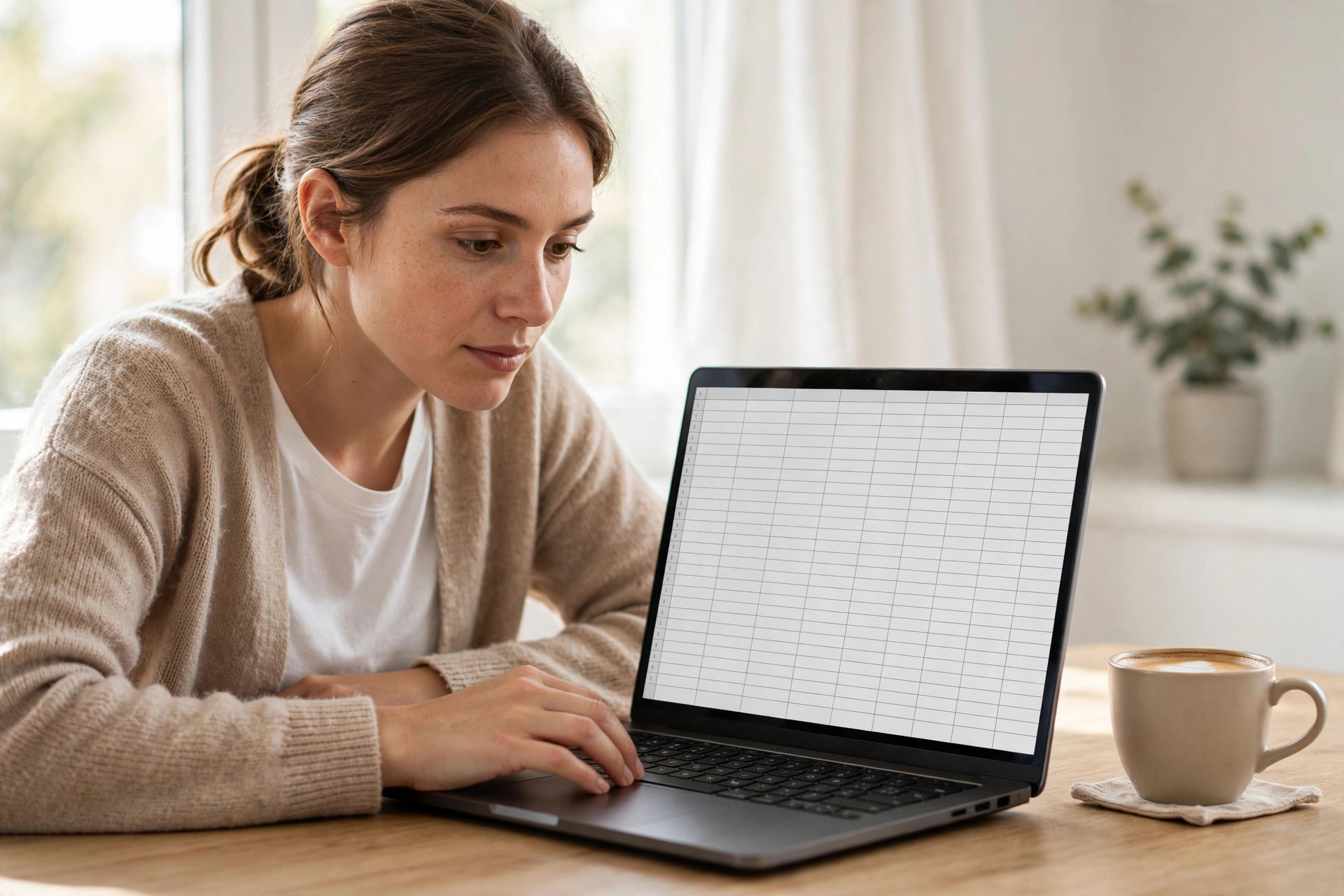 Person reviewing a spreadsheet on a laptop at a bright home desk