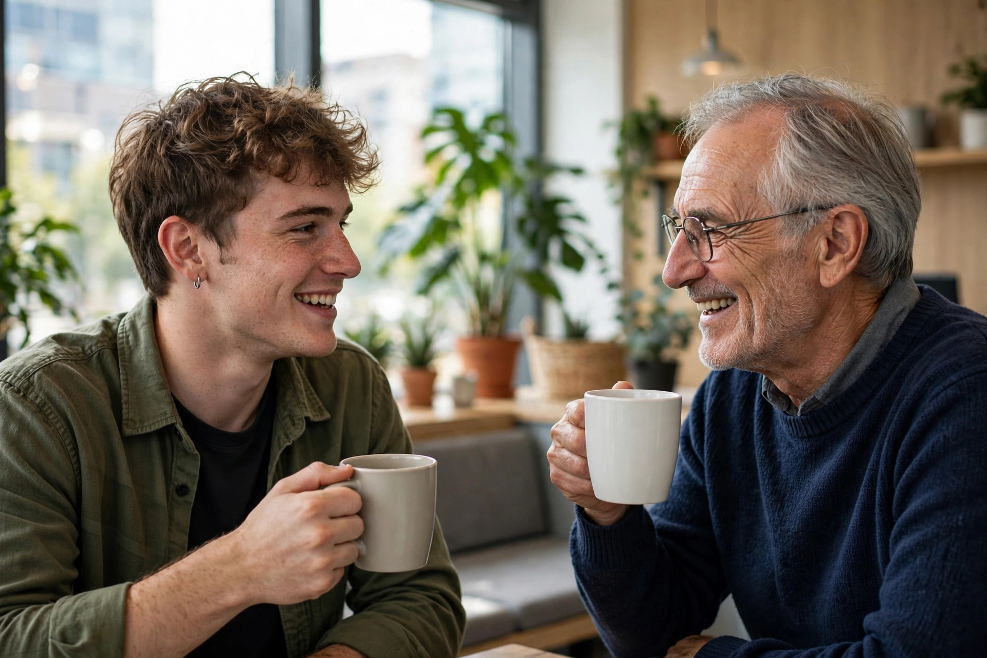 Young intern chatting with a mentor over coffee in an office break area