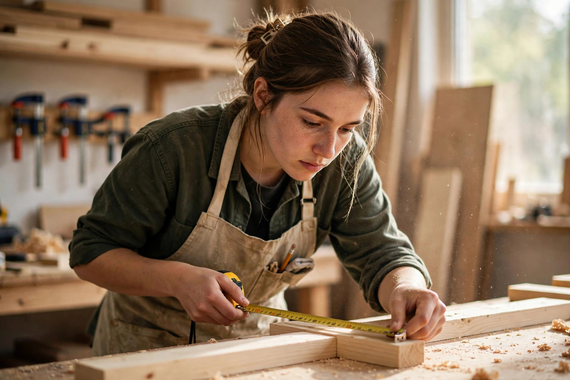 Young woman carpenter measuring a wooden plank in a bright workshop