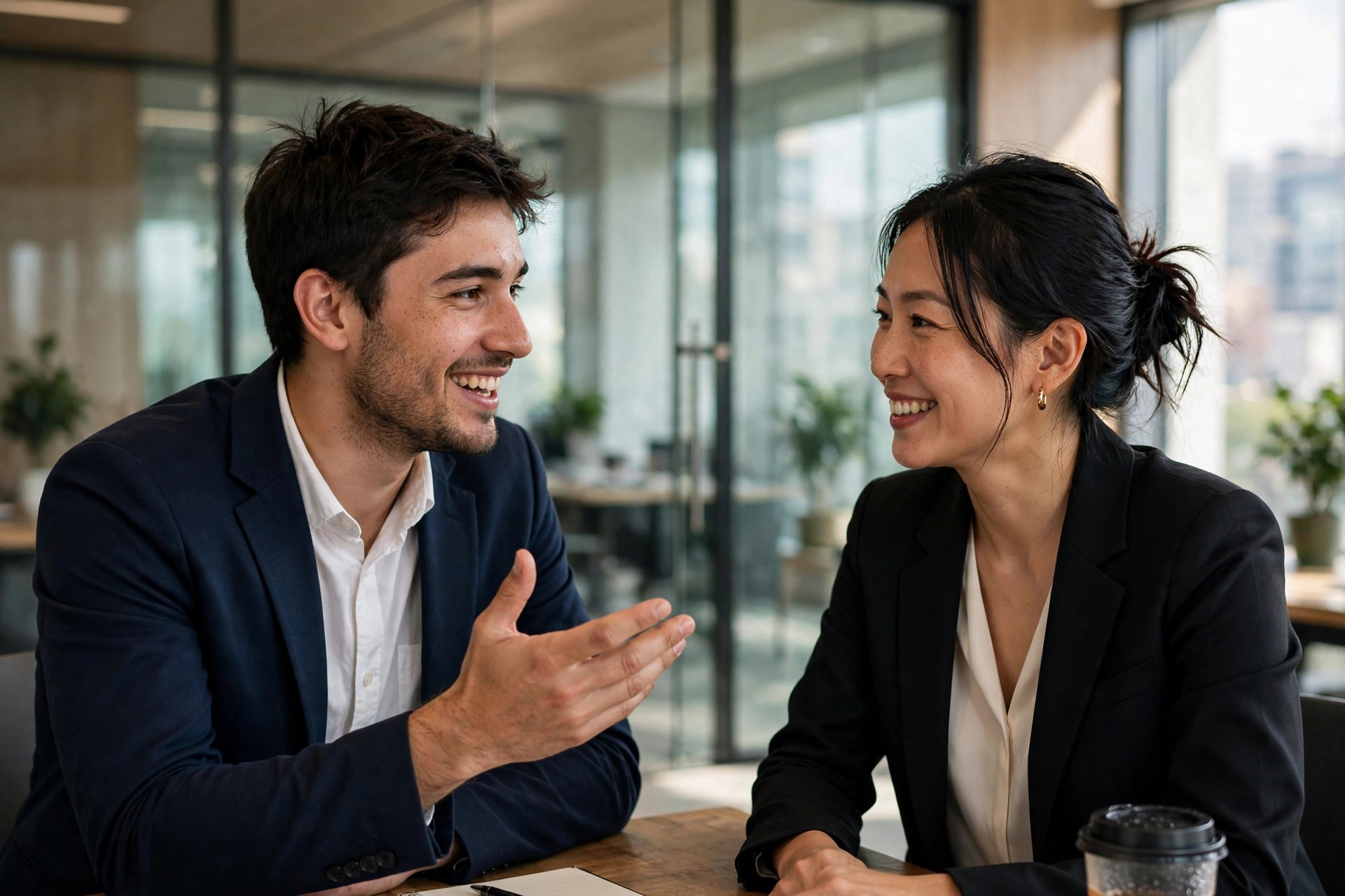 Young professional presenting an idea to his manager in a modern glass office