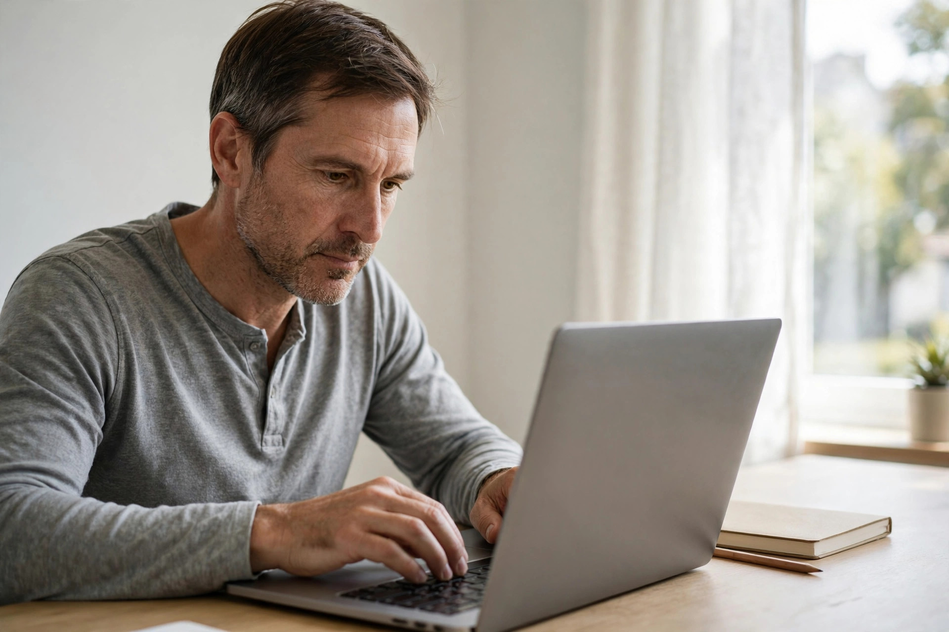 Man updating his CV on a laptop at a tidy home desk near a window